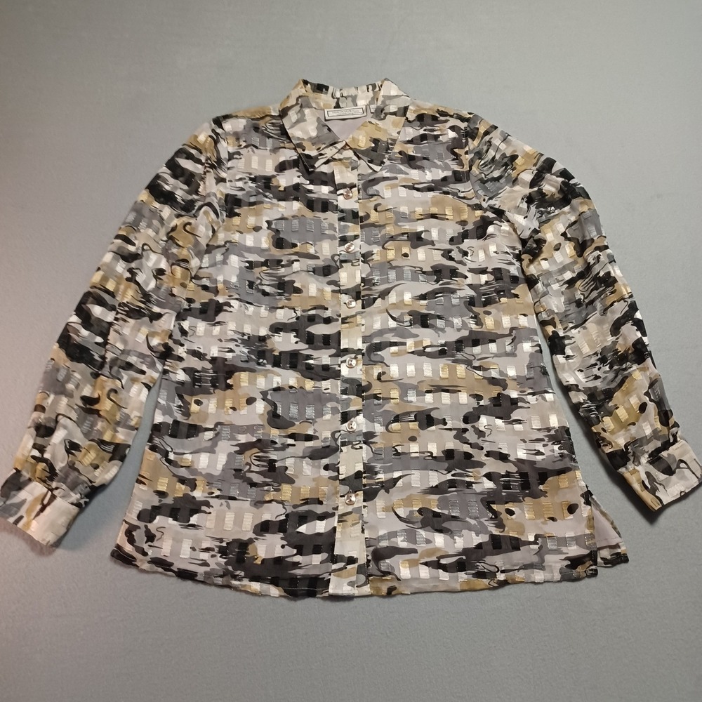 Simonton Says George Simonton Abstract Camo Metallic Sheer Lined Blouse Small